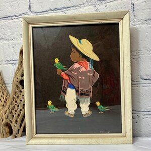 Vintage 50s Jose Luis Betanzos Boy with Parrots Framed Print
